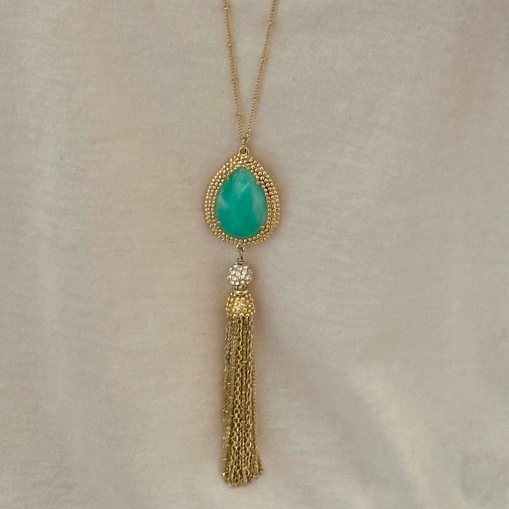 Lilly Pulitzer Gold and Teal tassel necklace. Excellent condition.